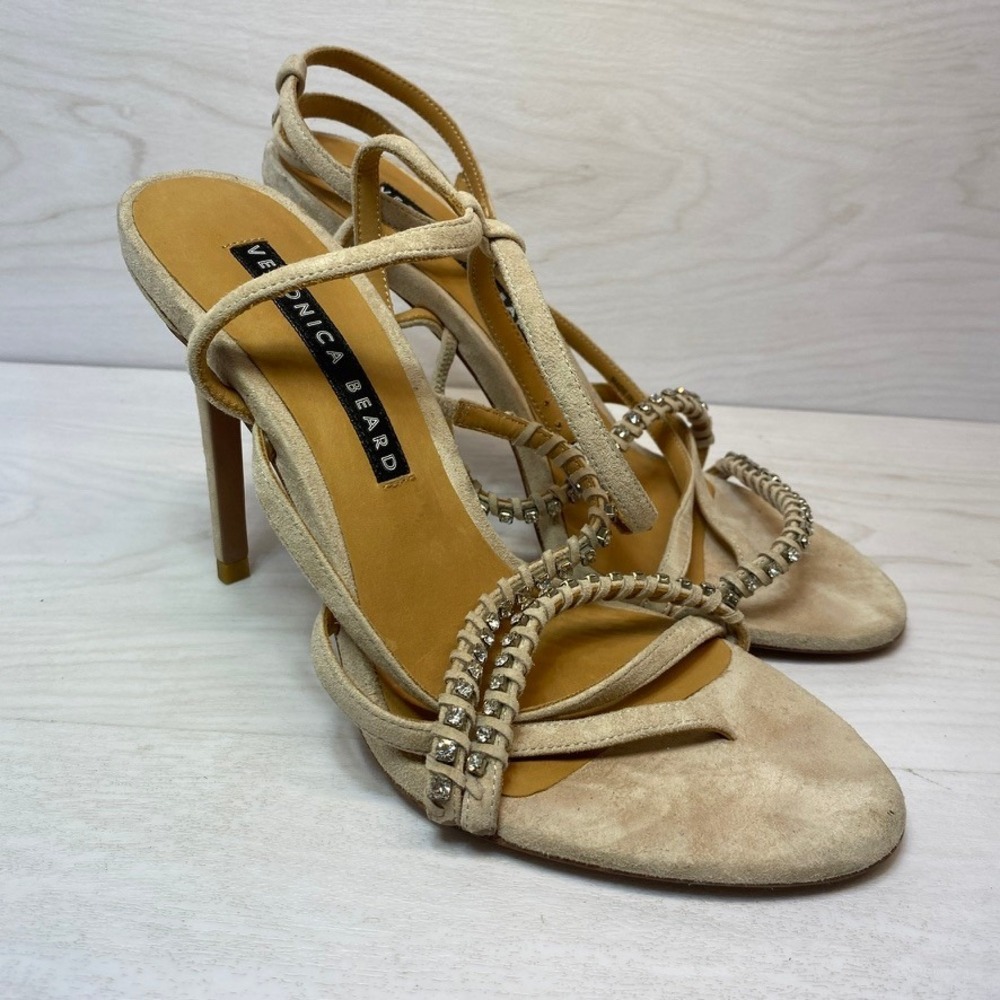 Veronica Beard Womens 38 Stiletto Sandal Strappy Tan Suede Rhinestone High Heel